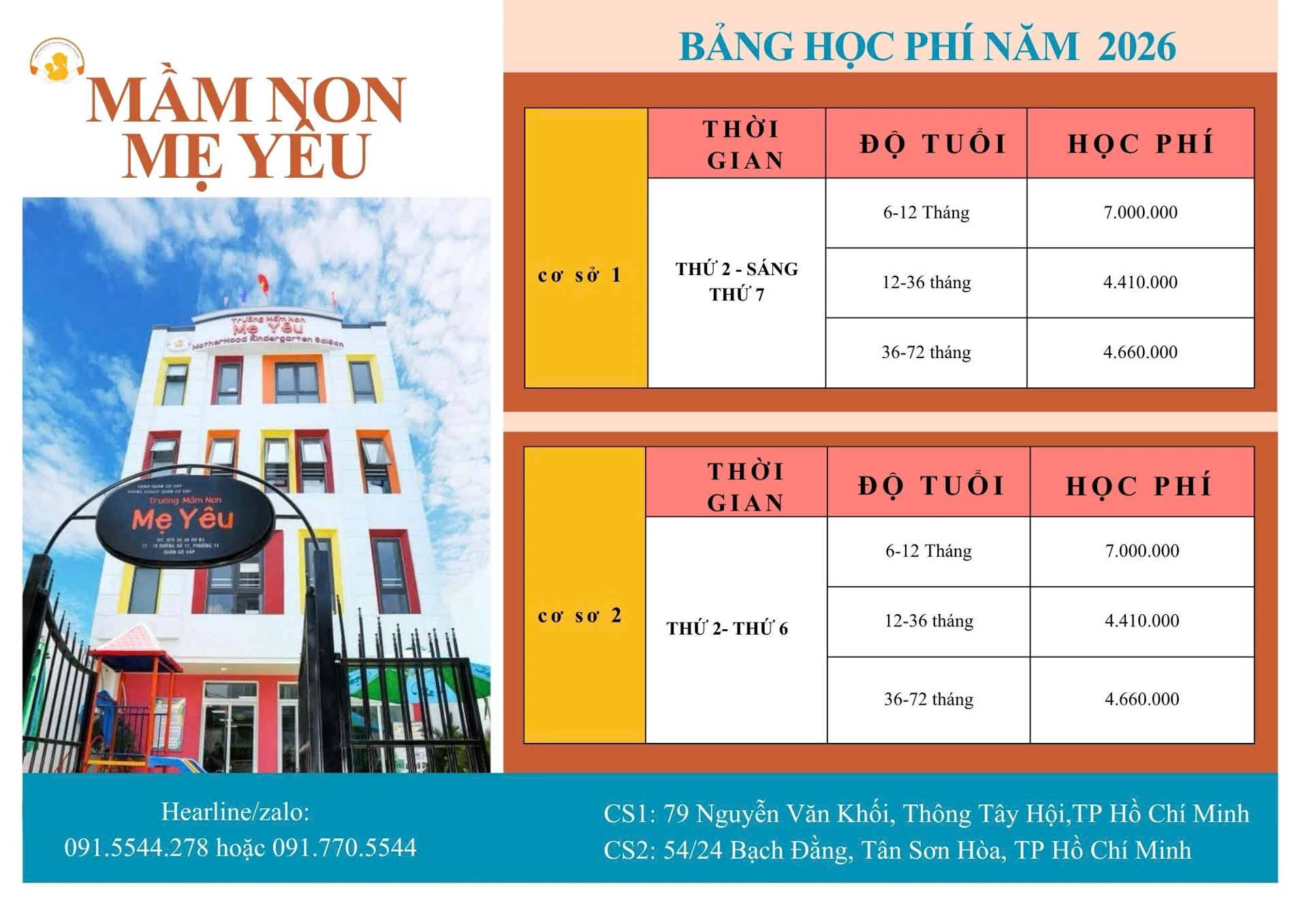 Bảng Học Phí Năm 2026 - Trường Mầm Non Mẹ Yêu (Chi Tiết CS1 & CS2)