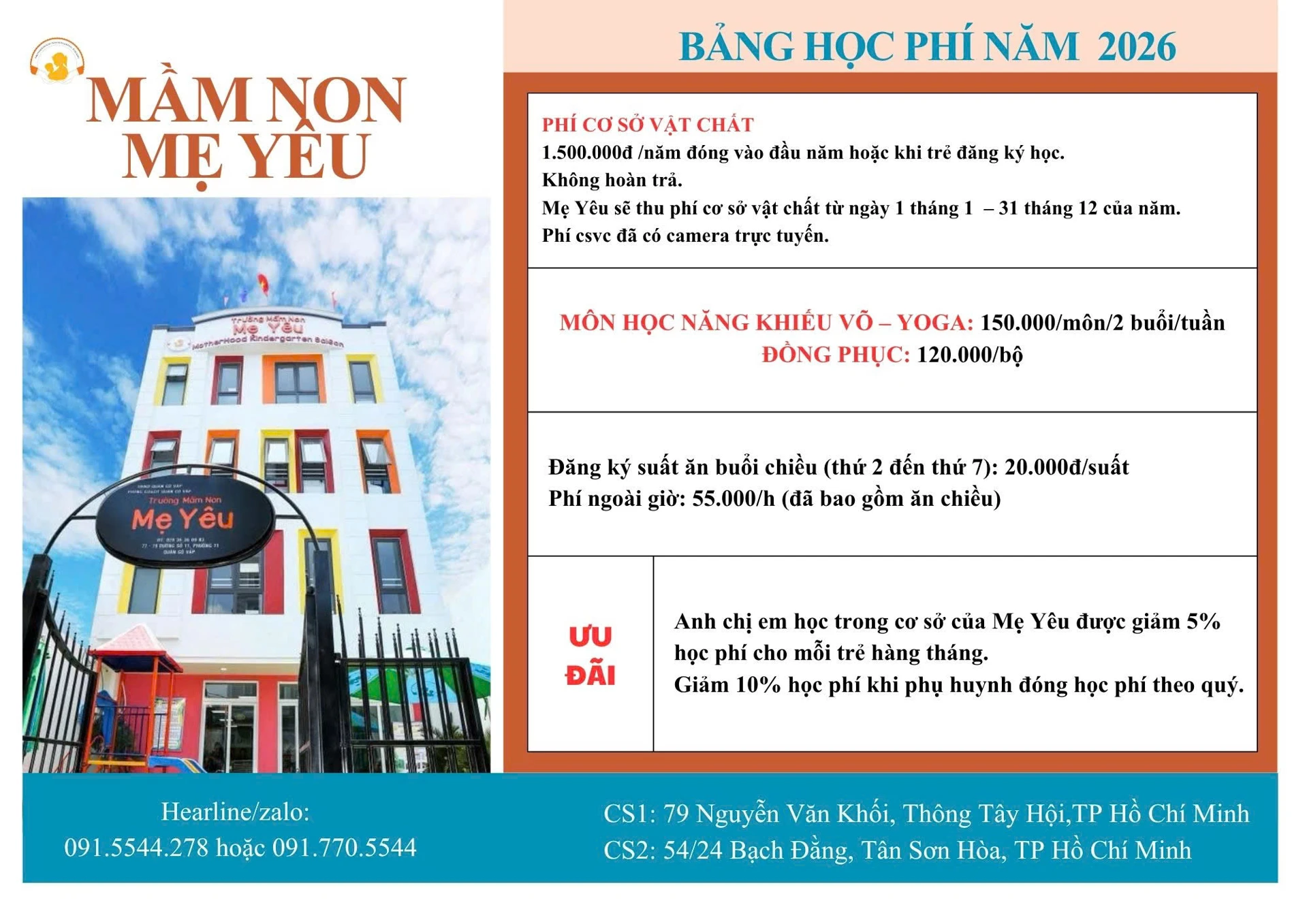 Bảng Học Phí Năm 2026 - Trường Mầm Non Mẹ Yêu (Chi Tiết CS1 & CS2)